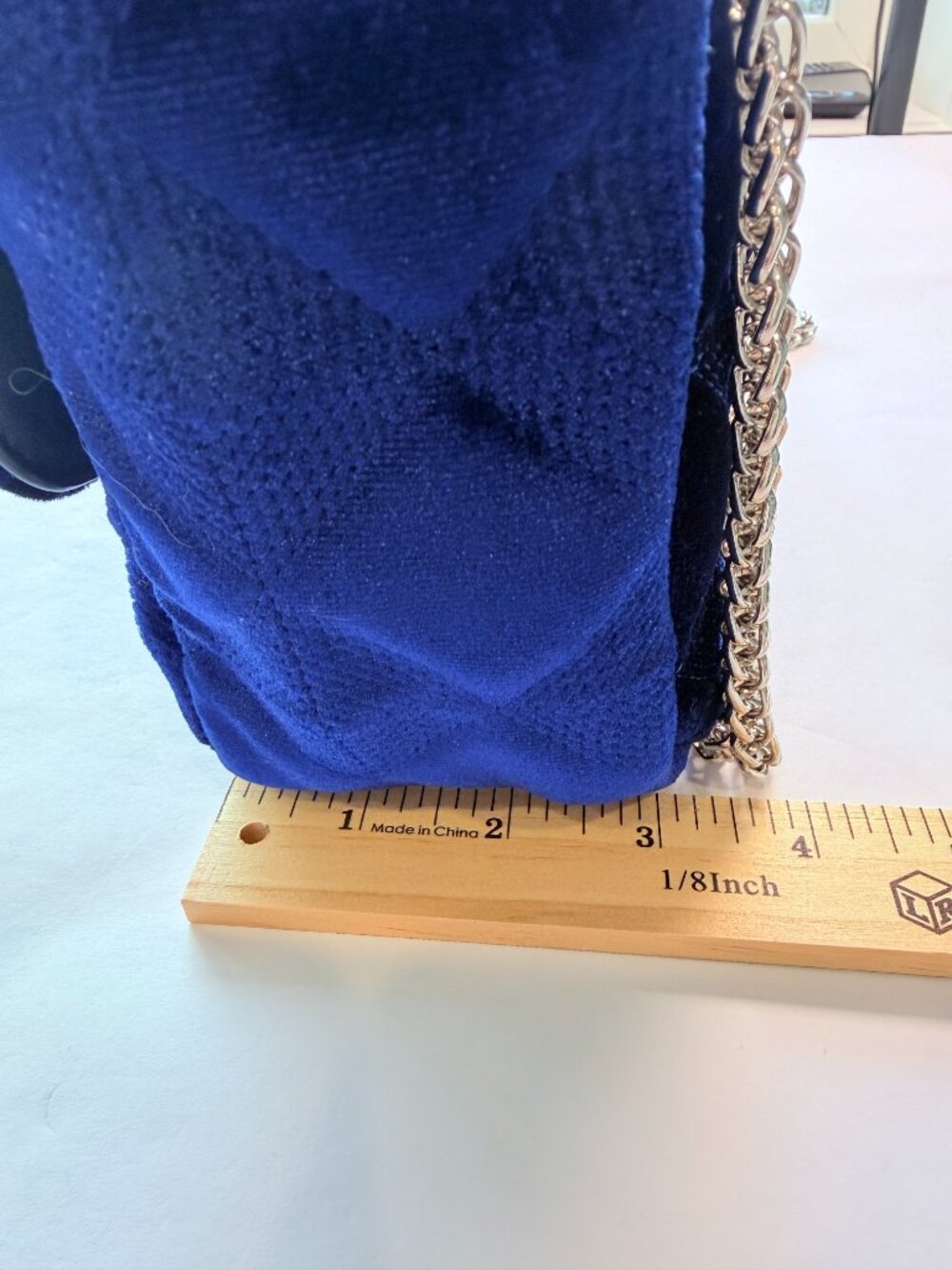 Charming Charlie Royal Blue Velvet Quilted Flap Crossbody Bag Silver Chain Strap - Picture 13 of 13